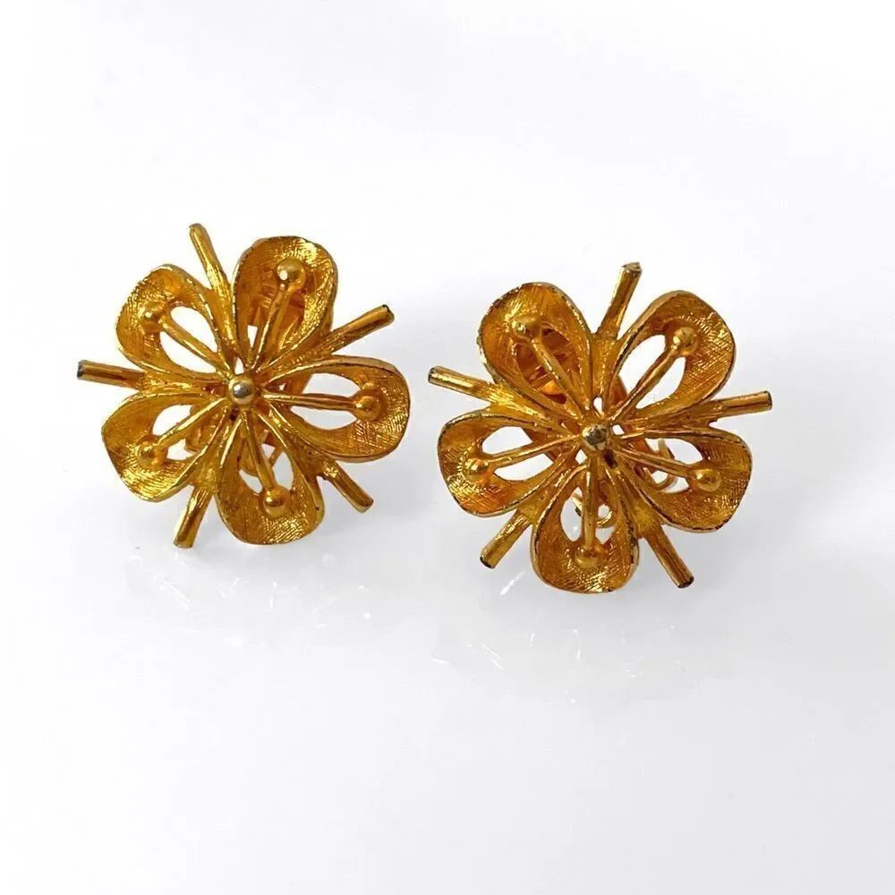 Gold Metal Flower Clip Earrings